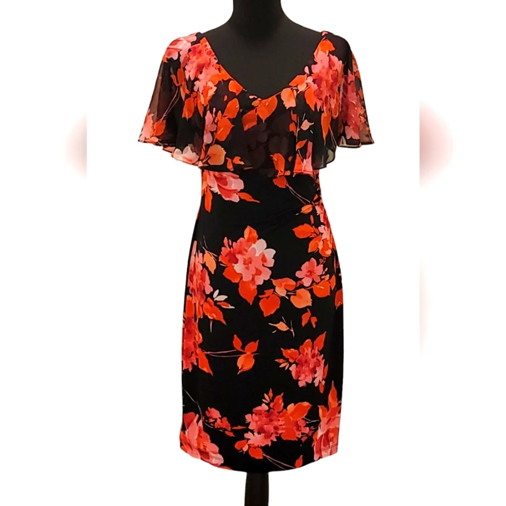 Connected Apparel Floral  Sheer Overlay Ruched A-line Midi Dress